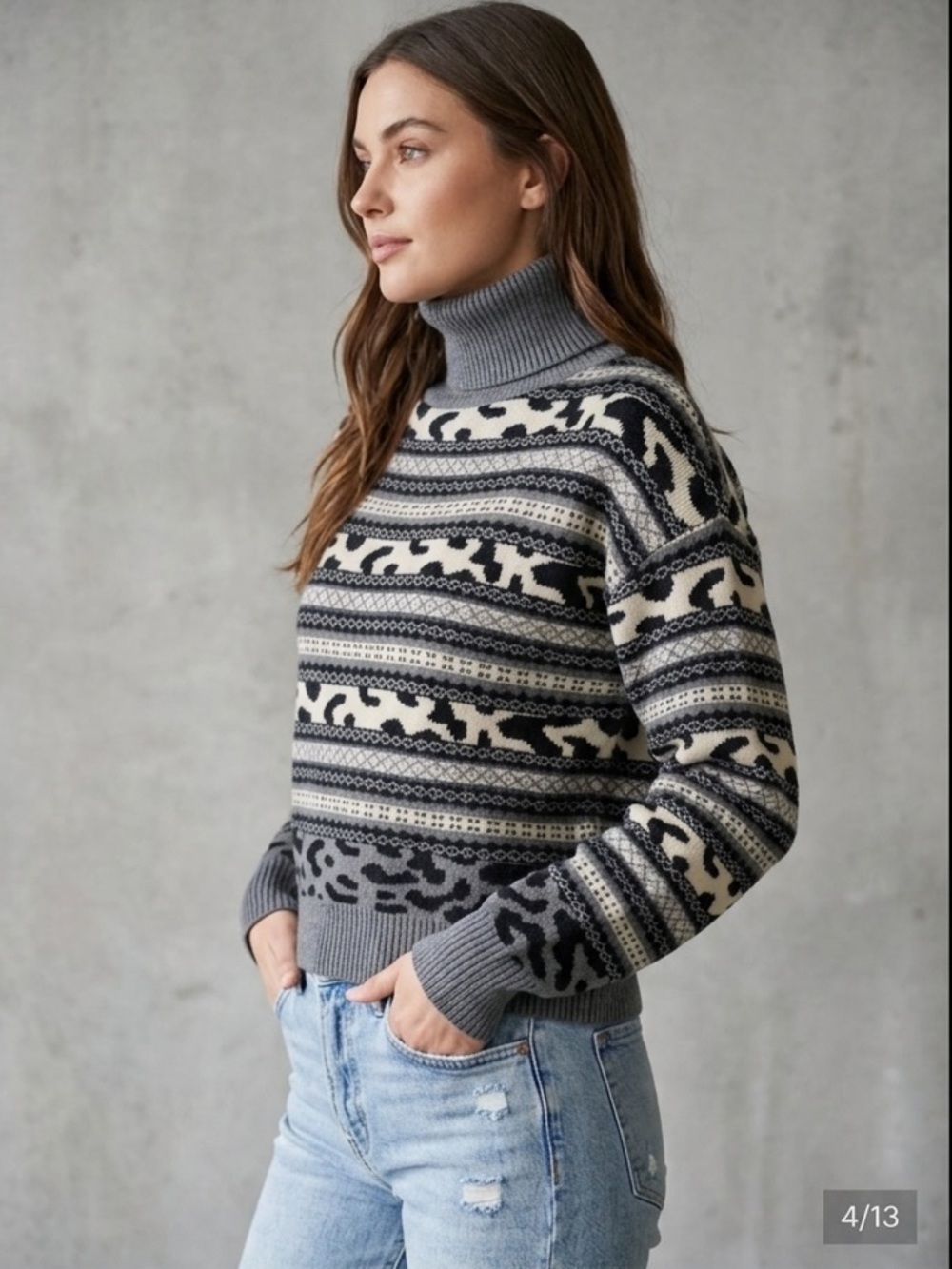 John + Jenn Fair Isle Leopard Mixed Print Cropped Turtleneck Sweater